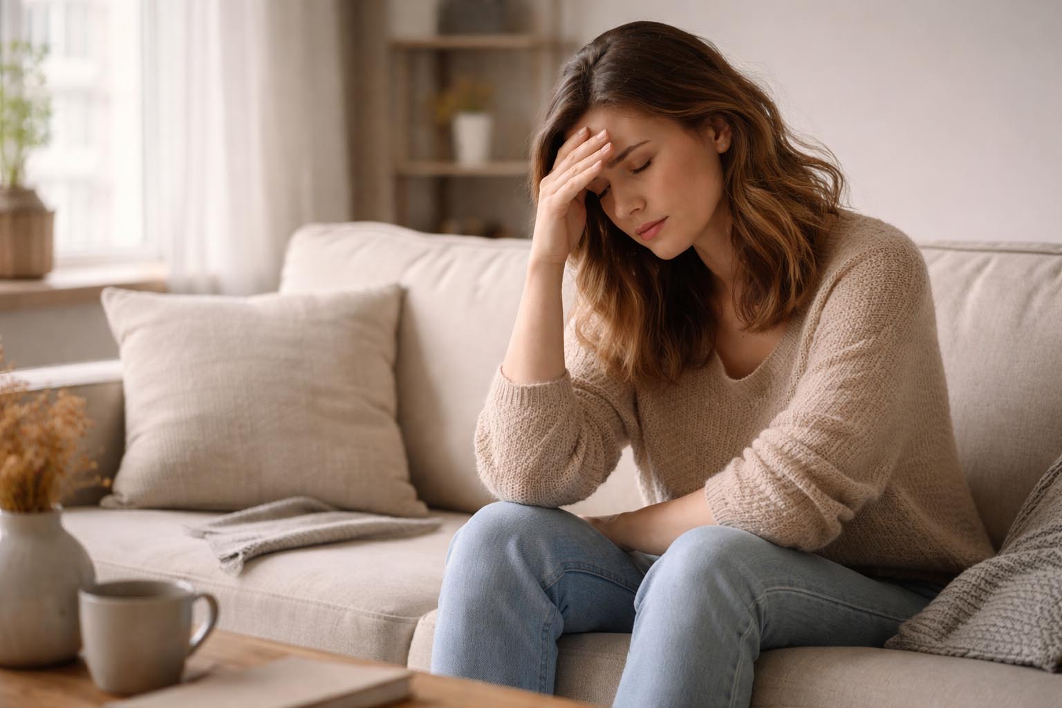 Osoba sedi umorna i drži se za čelo u mirnom prostoru.