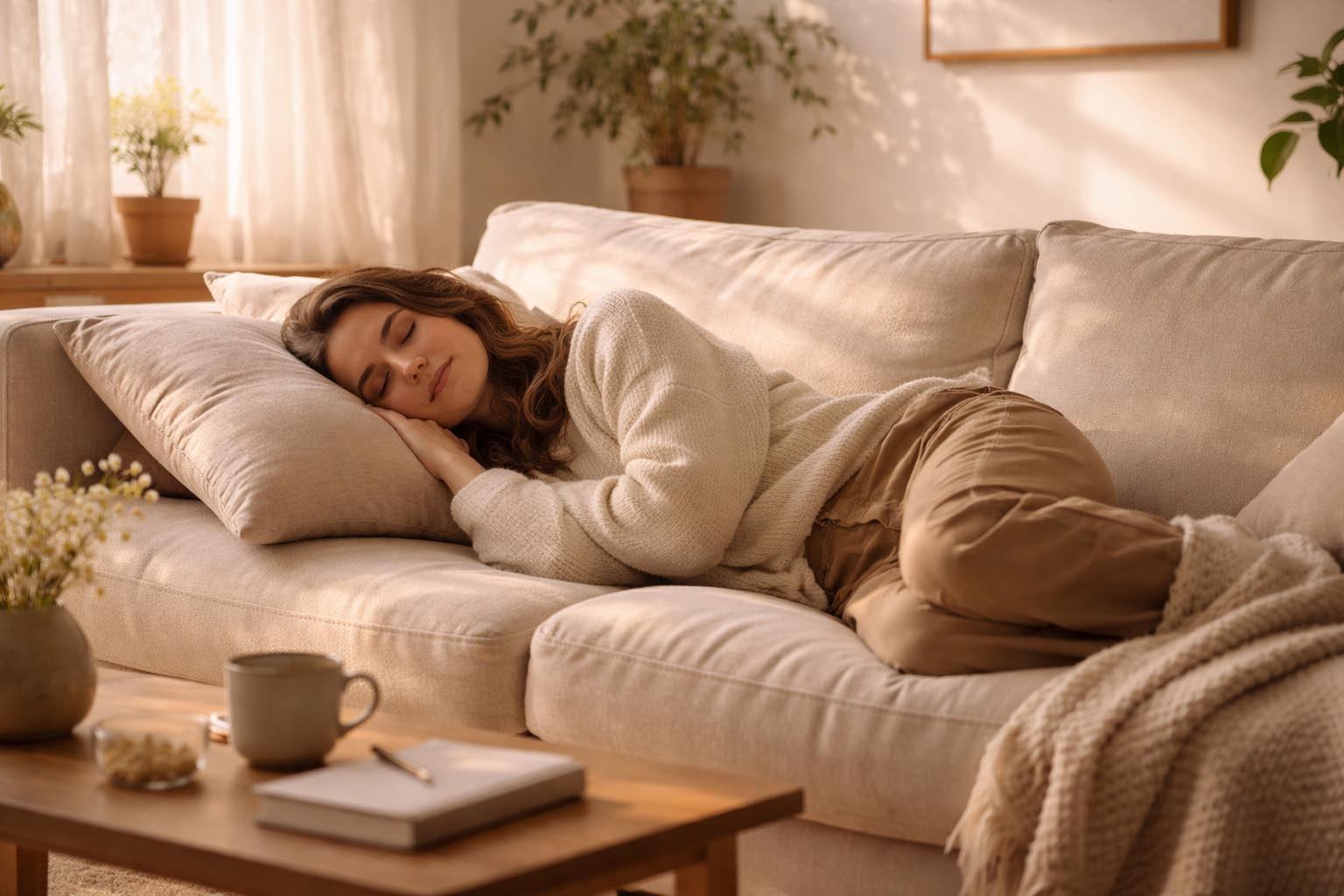 Osoba odmara u mirnom okruženju sa blagim svetlom.