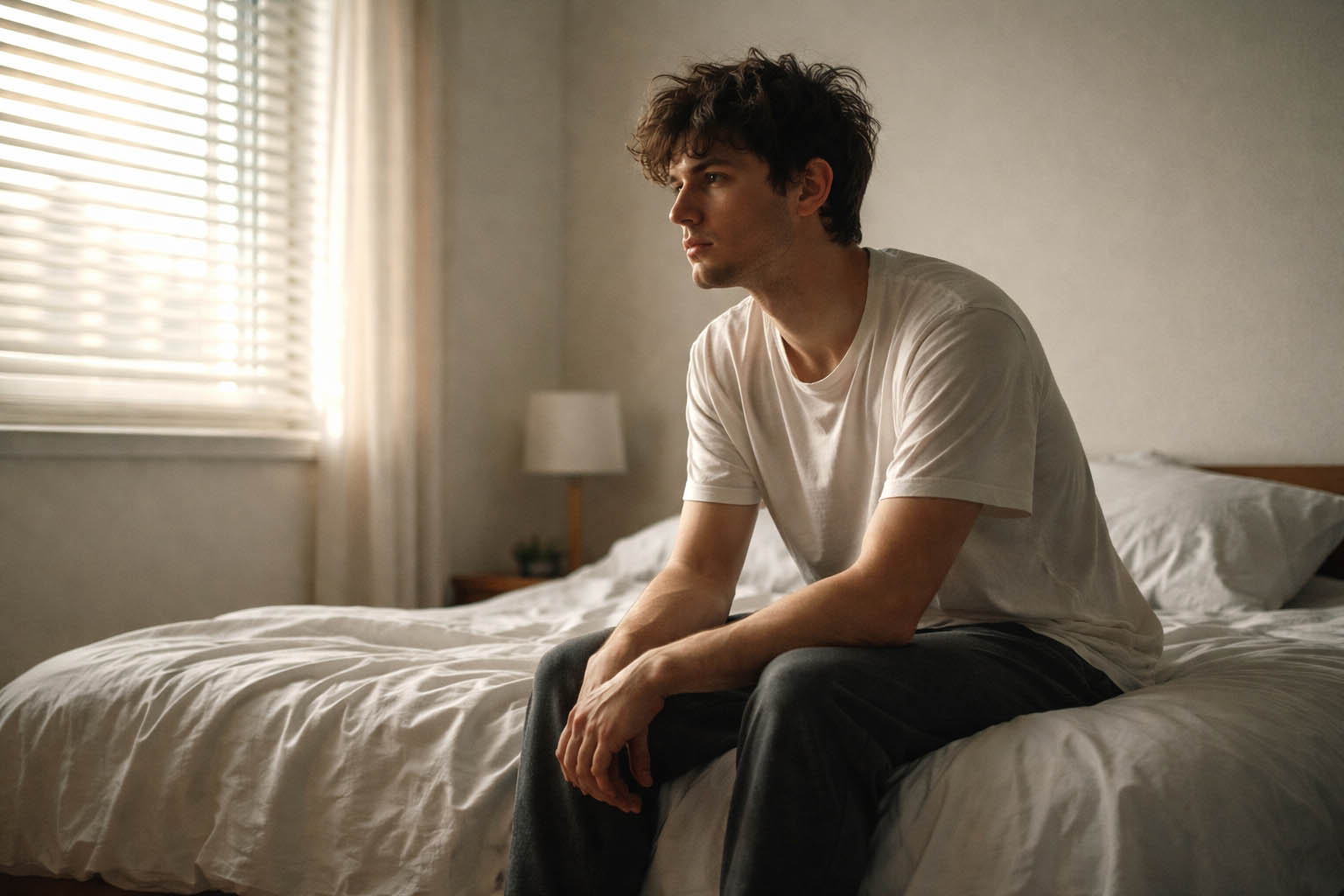 Mladić sedi na ivici kreveta umoran, dok jutarnje svetlo ulazi kroz prozor.