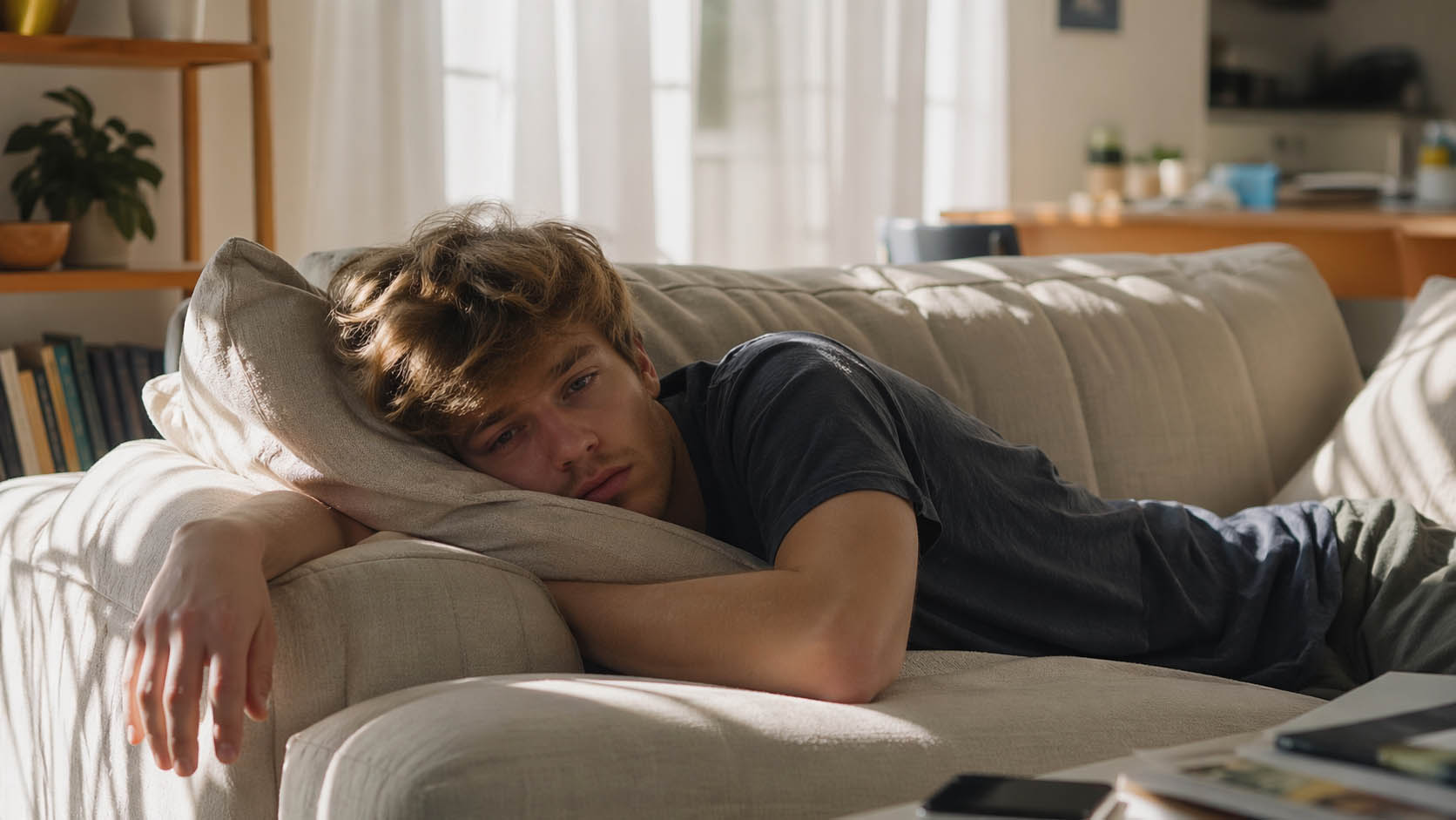 Mladić leži na kauču umoran dok dnevno svetlo ulazi kroz prozor.