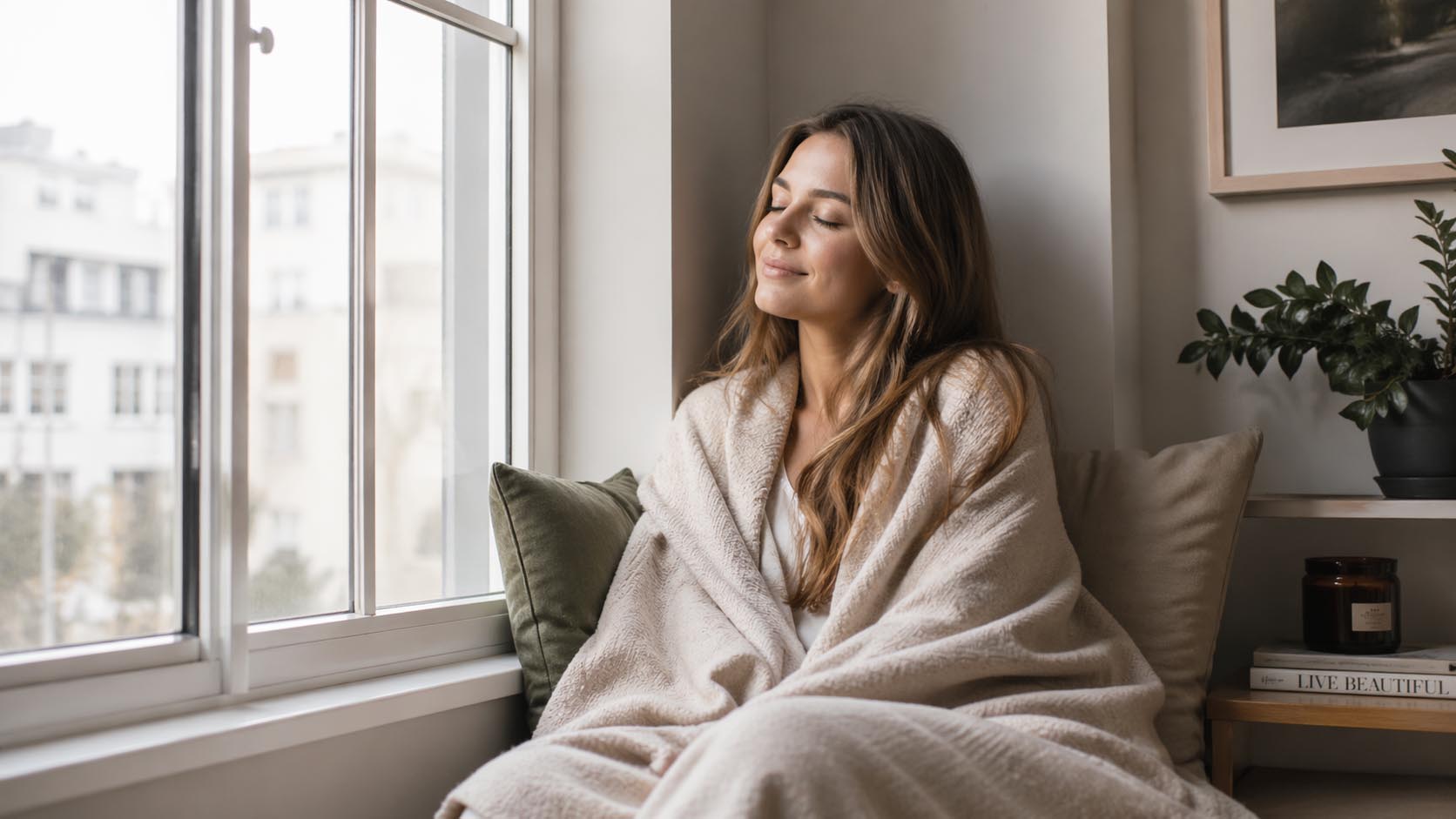 Mlada osoba odmara uz prozor dok dnevna svetlost ulazi u prostor.