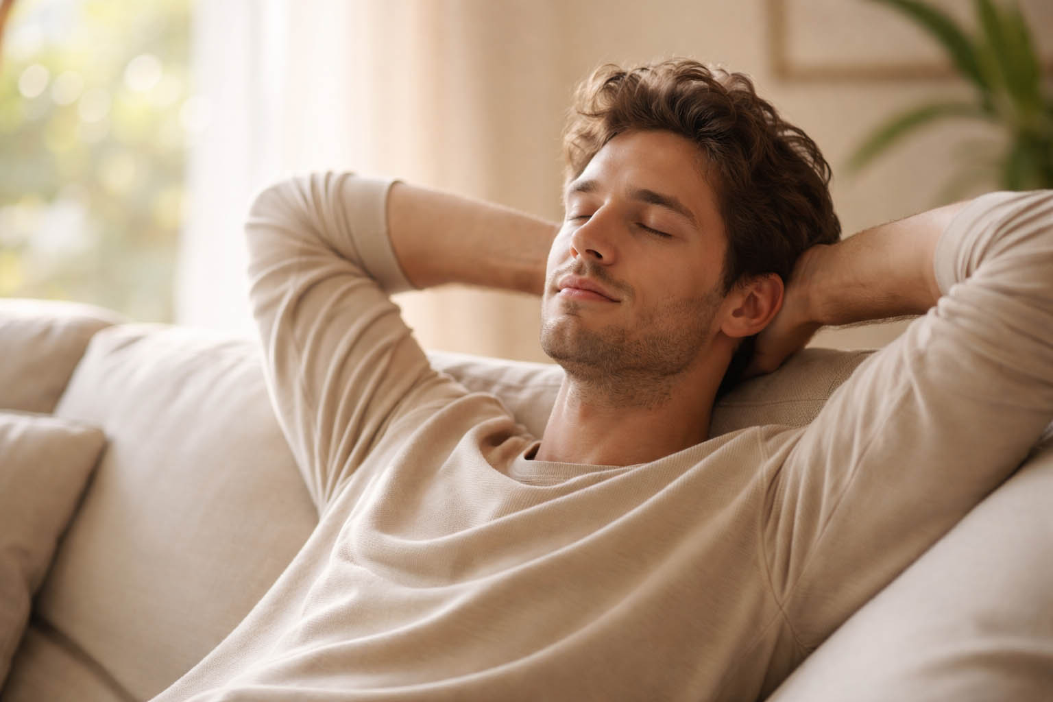 Osoba sedi mirno sa zatvorenim očima i odmara se.