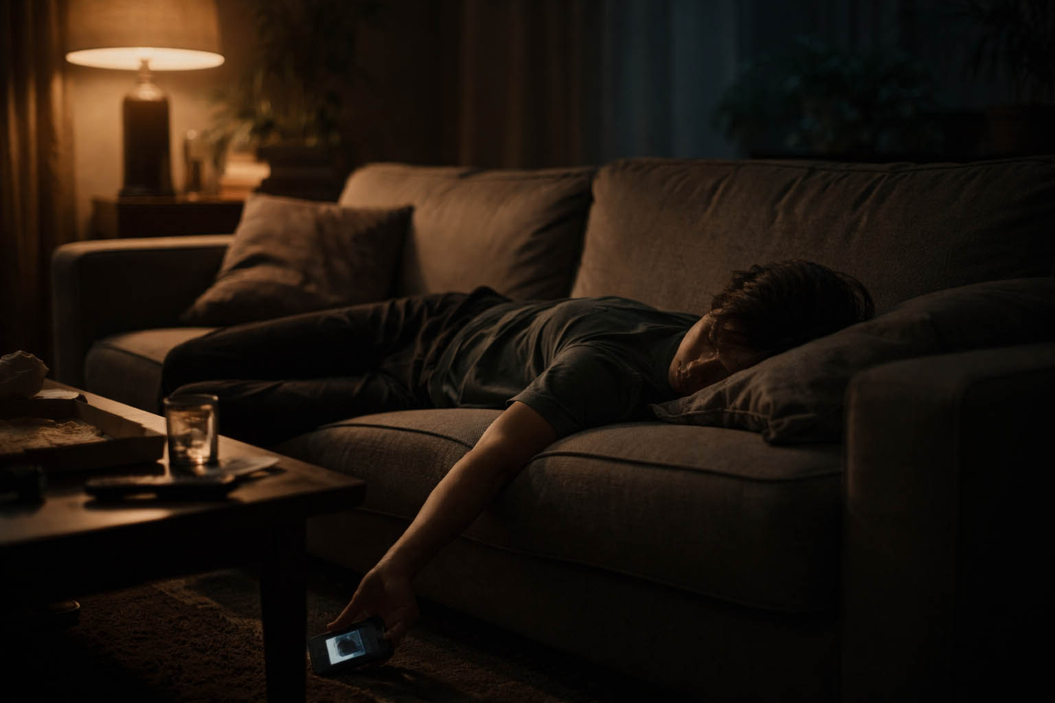Osoba leži na kauču u polumraku sa telefonom pored sebe, vidno iscrpljena posle napornog dana.