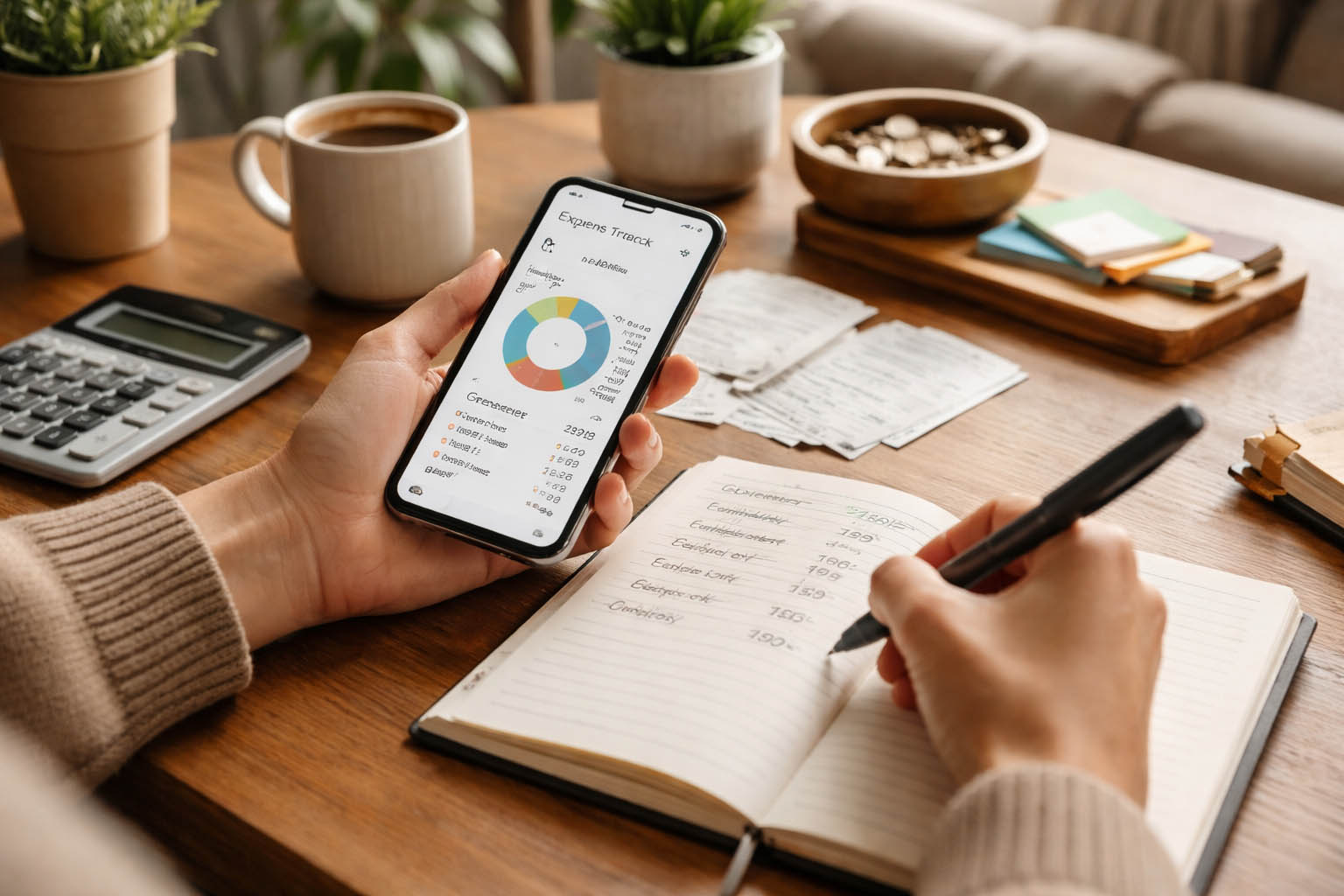 Osoba pregleda troškove na telefonu i zapisuje ih u svesku.