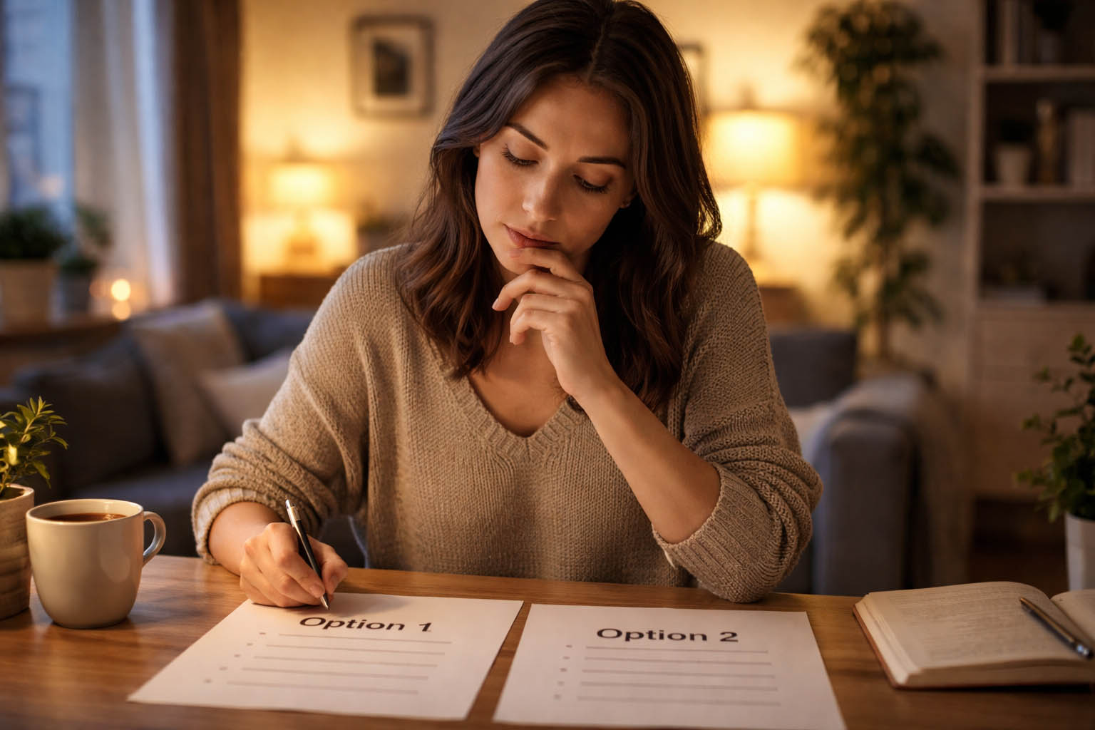 Osoba sedi za stolom i razmišlja dok ispred sebe ima dve opcije zapisane na papiru.