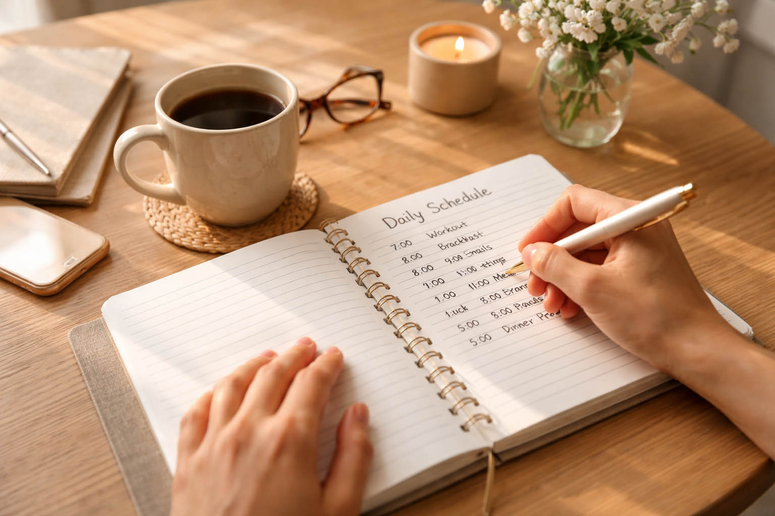 Ruke osobe planiraju dnevne obaveze u rokovniku uz šolju kafe.