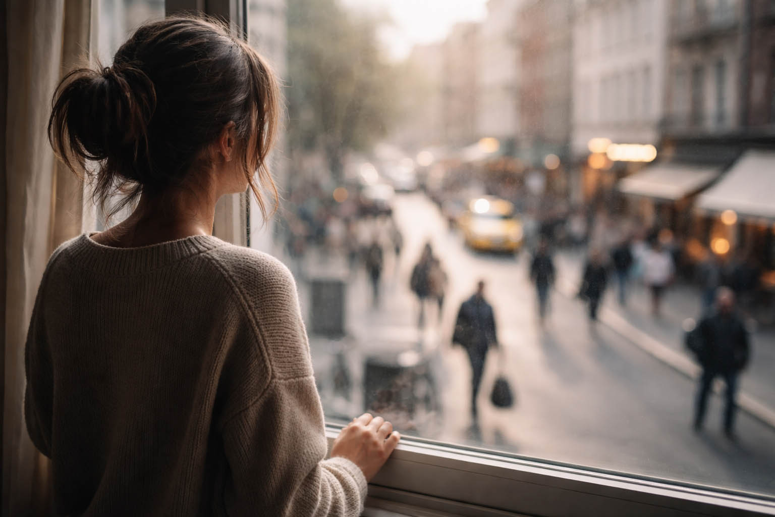 Osoba stoji pored prozora i posmatra ulicu dok ljudi prolaze.