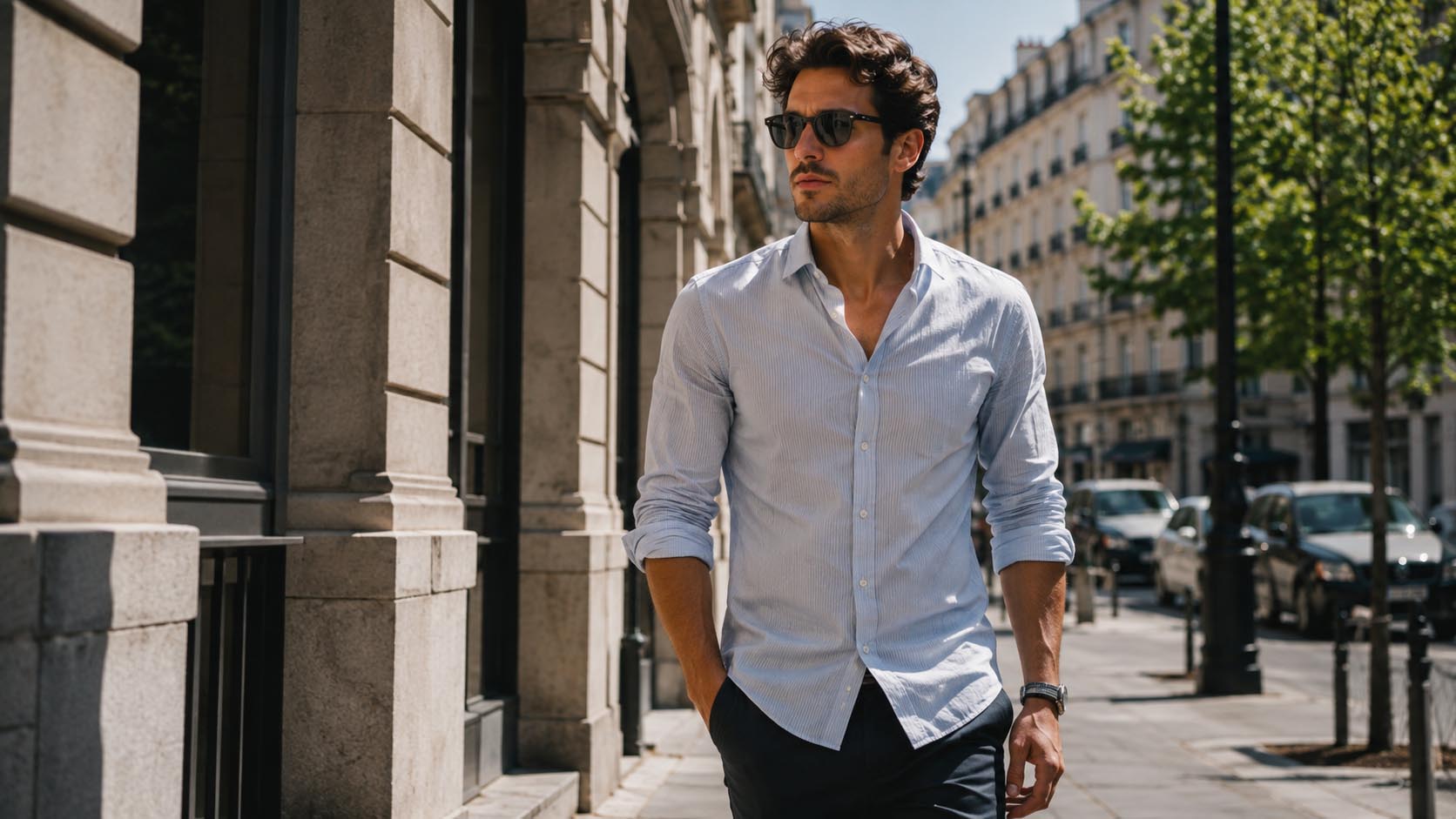 photorealistic attractive European man age 25-35 walking confidently through a modern city on a sunny summer afternoon, natural light, candid moment, editorial magazine photography, magazine quality, no text, no watermark, 16:9